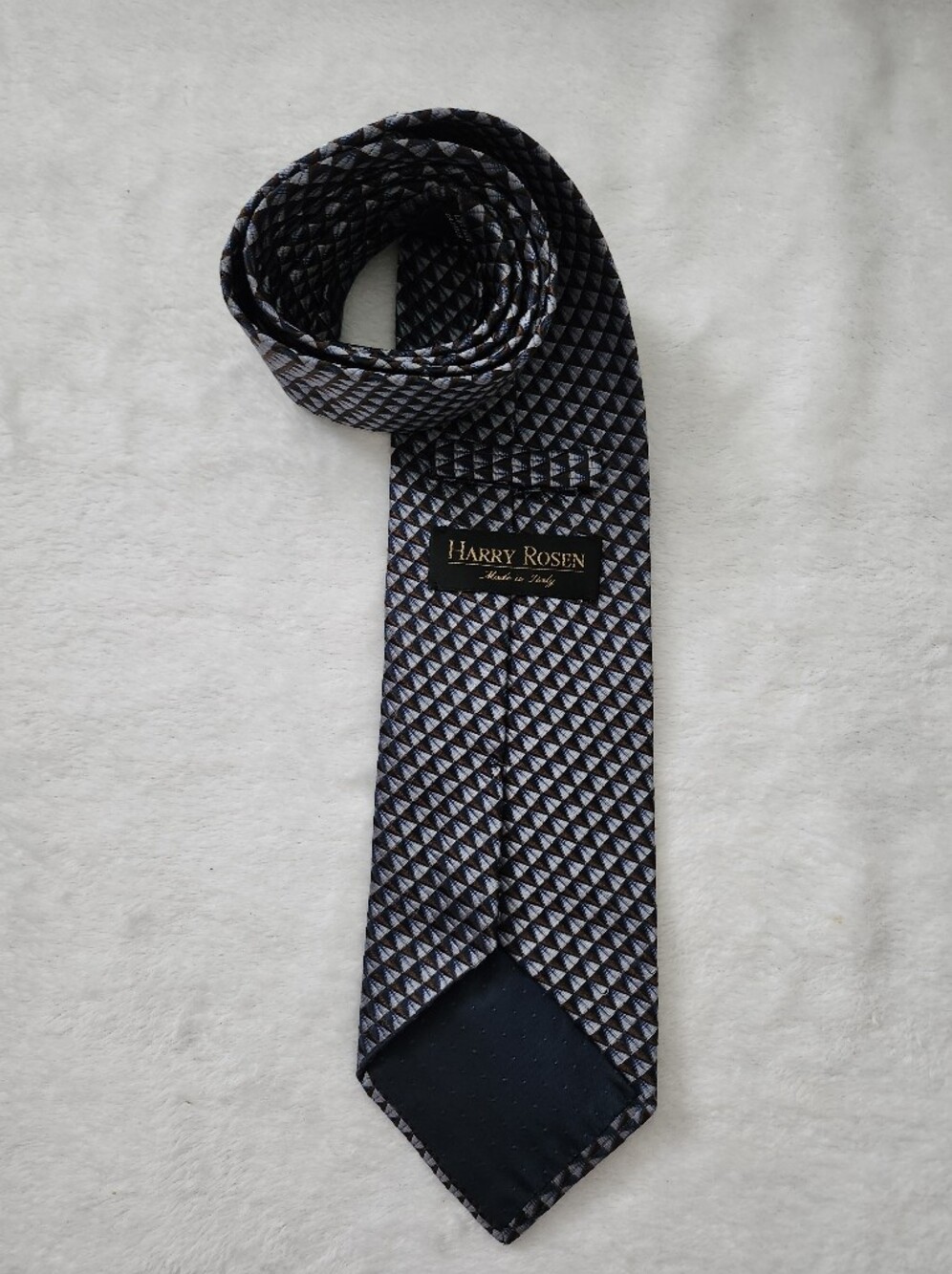 HARRY ROSEN Made in Italy Silk Tie Geometric Diamond Pattern Blue Brown Luxury